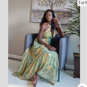 NWT Zara Halterneck Metallic Cross Back Printed Beach Boho Long Maxi Dress